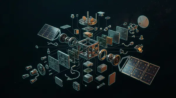 Exploded view of a satellite bus with components catalogued
