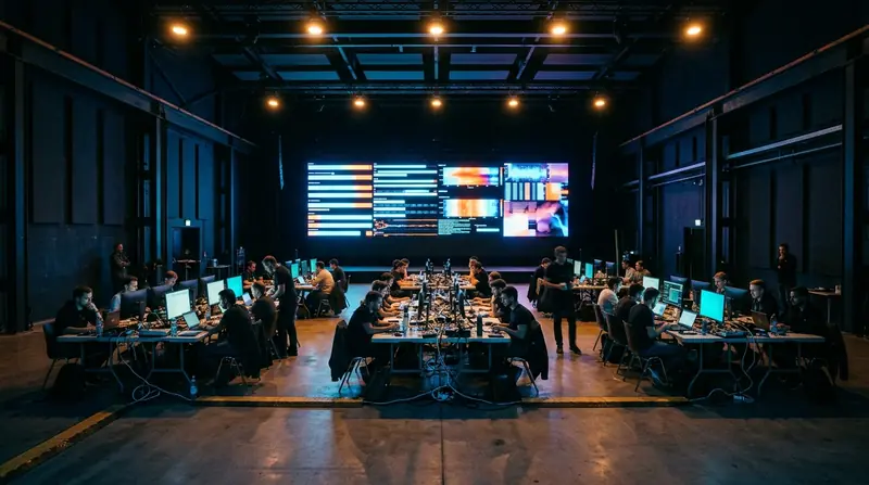 A cybersecurity exercise hall, teams working at long tables in front of a wall of operational displays