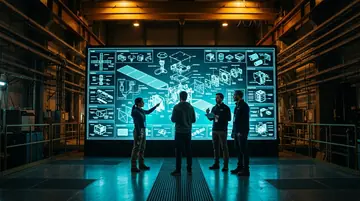 Engineers reading a full platform breakdown across wall displays