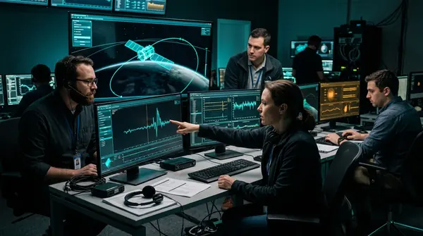 Team working a spacecraft digital twin during a scored simulation exercise